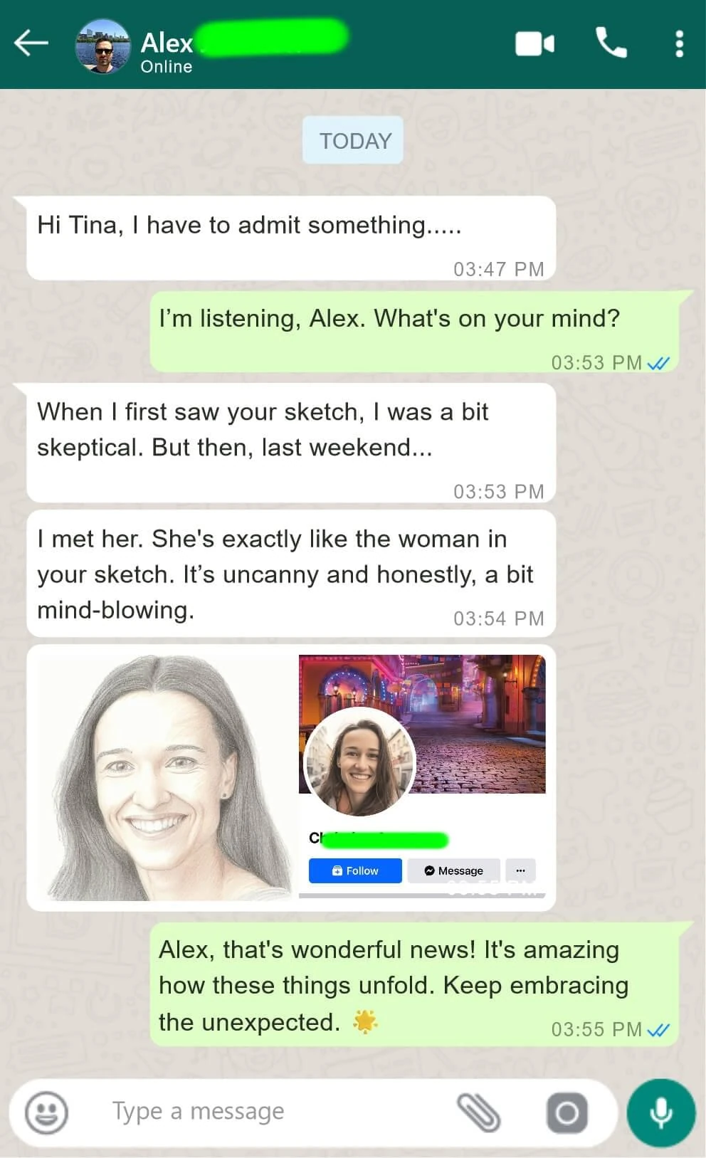 Supplied promotional conversation labelled Alex; unverified example