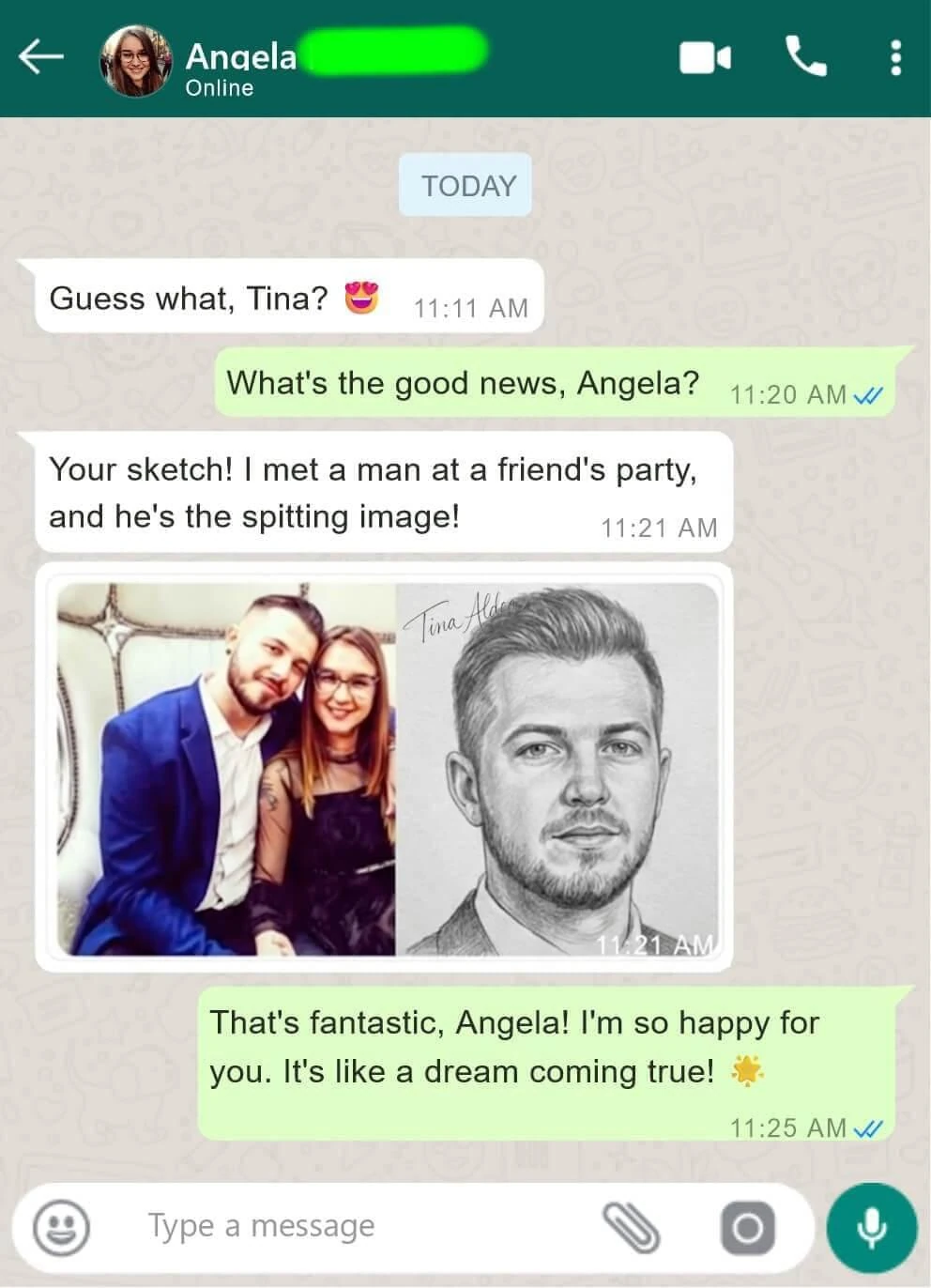 Supplied promotional conversation labelled Angela; unverified example